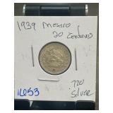 1939 Mexico 20 Centavos Coin, .720 Silver