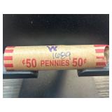 Roll of 50 Wheat Pennies in Paper Wrapper