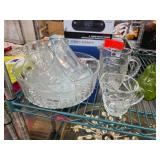 Glassware Lot with Serving Bowl, Mugs, and Green P