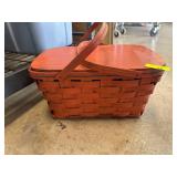 Red Woven Picnic Basket with Hinged Lid
