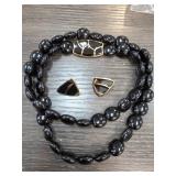 Trifari Black Beaded Necklace and Clip Earrings Se
