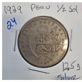 1929 Peru 1/2 Sol Silver Coin