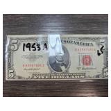 1953A Five Dollar Red Seal US Note