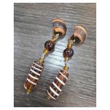 Wood and Glass Dangle Clip-On Earrings