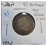1866 Spain 40 Centimos .810 Silver Coin