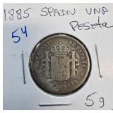1885 Spain Una Peseta Coin