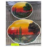 Hand-Painted Scenic Plates with Sunset and Cacti