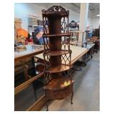 Wooden Corner Shelf With Drawers and Carved Detail