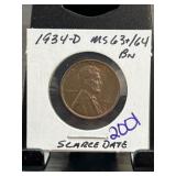 1934-D Lincoln Wheat Penny MS63/64 Brown