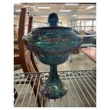 Iridescent Blue Carnival Glass Lidded Compote