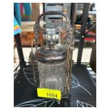 Ornate Glass Jar with Metal Holder and Tongs