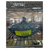 Blue Glass Lidded Candy Dish With Iridescent Finis