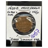 1920-D Lincoln Cent Mint Error Coin