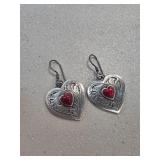 Sterling Silver Heart Earrings with Red Inlay