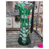 Hand-Painted Green Glass Vase With Floral Motif