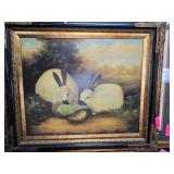 Framed Painting Depicting Rabbits Eating