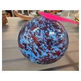 Handmade Glass Art Sphere With Red and Blue Swirls