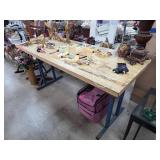 Wooden Table With Blue Metal Frame