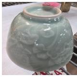 Celadon Glazed Ceramic Bowl with Carved Design