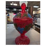Red Glass Lidded Compote With Grapevine Motif