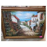 Framed Mediterranean Village Painting