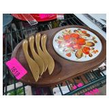 Wooden Charcuterie Set with Floral Ceramic Plate