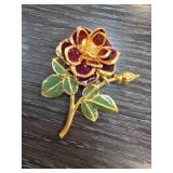 Gold-Tone Enamel Rose Flower Brooch Pin