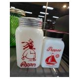 Milk Glass Pepper Shakers with Red Designs