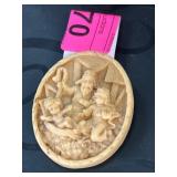Carved Religious Scene Oval Pin Brooch
