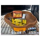 Wooden Bowl with Ammo, Knife, and Fish Food