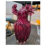 Fenton Cranberry Optic Swirl Glass Vase
