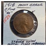 1918 Lincoln Wheat Penny Mint Error