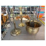 Brass Candlestick Holders and Pot