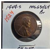 1949-S Lincoln Wheat Cent Graded MS63/64 Brown
