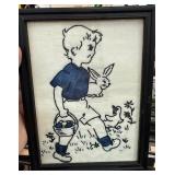 Framed Easter Needlework Depicting Boy with Rabbit