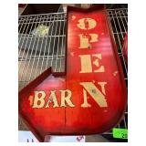Red Metal Open Bar Sign with Arrow Motif