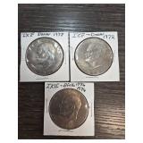 Three Eisenhower Dollar Coins (1972, 1974, 1978)
