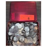 Tin with Assorted Coins of Various Types