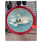 Red Metal Tray with Swan Family Design