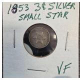 1853 U.S. Three-Cent Silver Piece in VF Condition
