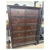 Dark Wood Five-Drawer Chest with Brass Handles