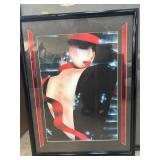 Framed Artwork of Woman with Red Hat and Ribbon