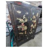 Black Chinese Lacquered Cabinet with Painted Flora