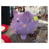 Purple Ceramic Piggy Bank with Floral Design