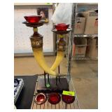 Brass and Horn Double Candleholder with Glass Bowl