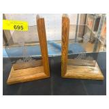 Wood and Glass Bookends with Etched Windmill Desig