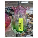 Pink and Green Glass Vase with Fluted Rim