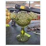 Green Glass Hobnail Ruffled Edge Compote