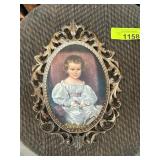 Italian Oval Portrait of Child in Ornate Metal Fra