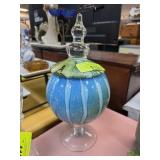 Glass Lidded Jar With Blue and Green Design